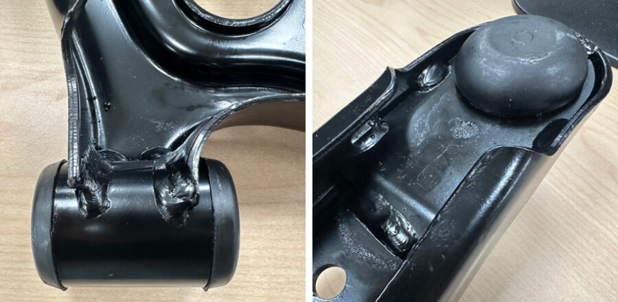 SH Auto PartsのFLCAは10箇所の溶接を備えており、ボールジョイントを支持する2.5mm補強プレートを取り付けるために追加溶接が施されています。溶け込み率は29%で、最適な強度と耐疲労性を実現しています。